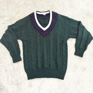 Jamie Scott Green Cable Knit V Neck Tennis Sweater Navy Cream Preppy‎ Medium